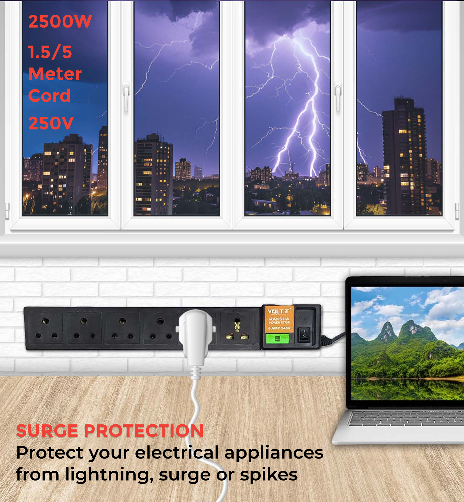VOLT IT RAKSHA 6-WAY SPIKE GUARD WITH SURGE PROTECTION| MULTI SOCKET SPIKE GUARD 4.8 M - Image 5